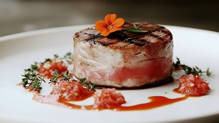 Deluxe Culinary Photography of a Tuna Steak Arrangement with Minimalist Design, Artfully Drizzled Sauce, and Edible Floral Accents for Fine Dining Presentation
