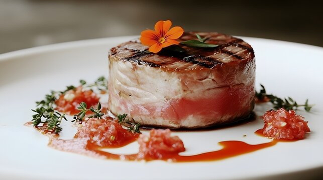 Deluxe Culinary Photography of a Tuna Steak Arrangement with Minimalist Design, Artfully Drizzled Sauce, and Edible Floral Accents for Fine Dining Presentation