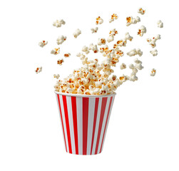 Popcorn in a red and white striped paper cup, flying and isolated on Png Format and Transparent Background