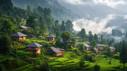 Obraz premium Misty Mountain Village: A Serene Himalayan Hamlet