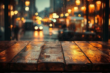 Atmospheric Cityscape at Night Through a Rain-Streaked Window, Capturing the Warm Glow of Interior Lights Reflecting on a Polished Wooden Tabletop, Showcasing Urban Tranquility, Romantic Ambience