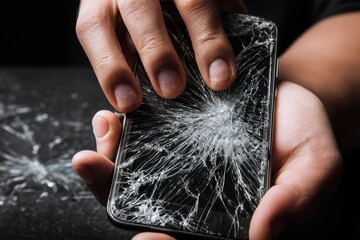 Obraz premium Cracked smartphone screen reveals intricate details of shattered glass in a tech failure moment