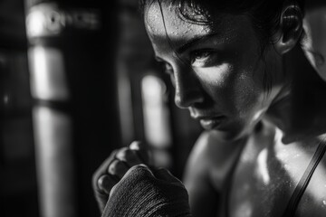 Black and white portrait of a determined woman boxer with sweat on her face, showcasing strength and focus, with wrapped hands ready for action in the gym.