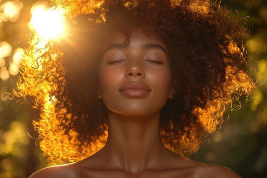 Capture the essence of natural beauty with this stunning portrait of a woman basking in the warm glow of the golden hour Her radiant skin, accentuated by the sun's embrace, evokes a sense of serenity