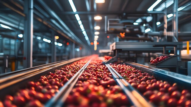 A vast conveyor belt transports a sea of vibrant red produce inside an industrial processing plant, ensuring freshness and efficiency.