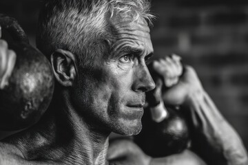 A grayscale portrait of a determined man lifting kettlebells, showcasing strength and focus, with an emphasis on fitness and healthy lifestyle.