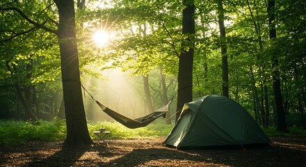 Camping in the Forest with Hammock and Tent at Sunrise