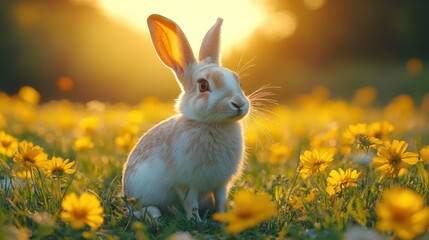 Cute rabbit in a field of flowers