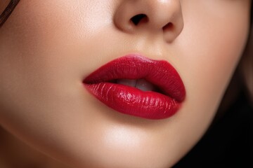 Naklejka premium Close-up of perfectly applied red lipstick on lips showcasing a beauty and fashion aesthetic in soft lighting