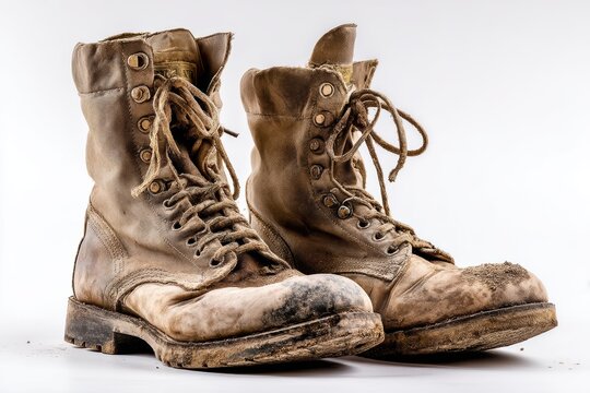 Worn U.S. Army combat boots covered in desert dust showcasing gritty realism against a clean background