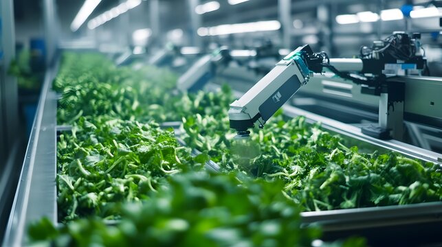 Automated harvesting in a hydroponic farm shows robotics precisely collecting leafy greens, enhancing efficiency and sustainability in agriculture.