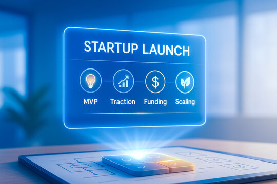 glowing startup launch interface with indicators for MVP, traction, funding, and scaling on digital whiteboard