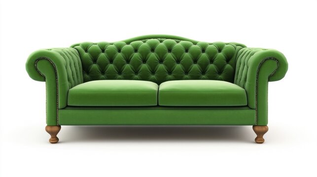 Green tufted sleeper sofa on wooden legs. Generative AI