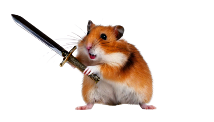 Hamster – Standing on two legs holding a toy sword, mouth open in a tiny but dramatic battle.