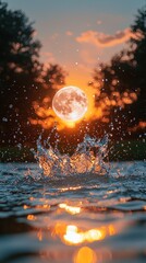 Fototapeta premium Water splash with moon reflection against a twilight sky backdrop