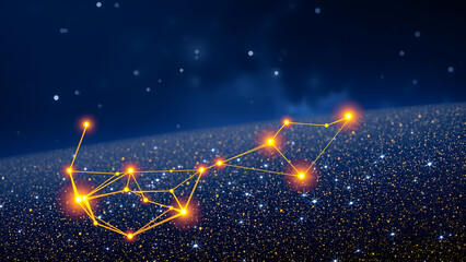 Constellation maps in gold wire floating over cobalt starfield, astronomical AI concept"