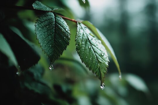 Close-up view of lush green leaves adorned with glistening raindrops, evoking a sense of freshness and tranquility in a natural, blurred background.
