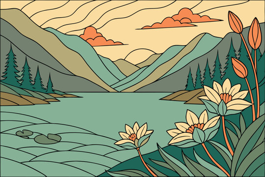 52 Stained glass landscape, serene mountain lake, vibrant lilies in foreground, layered mountain ranges, colorful sunset sky, art nouveau style, flowing lines, muted earth tones, turquoise water, oran