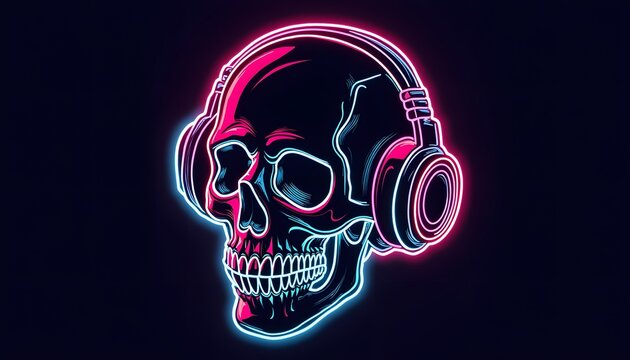 a skull with headphones and neon lights, urban style, bold outline