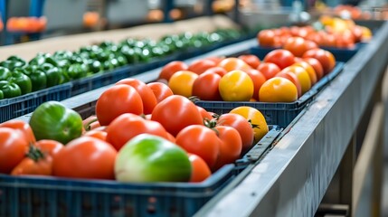 Fresh produce including tomatoes and peppers being processed and sorted on a conveyor belt at a food processing plant. 
