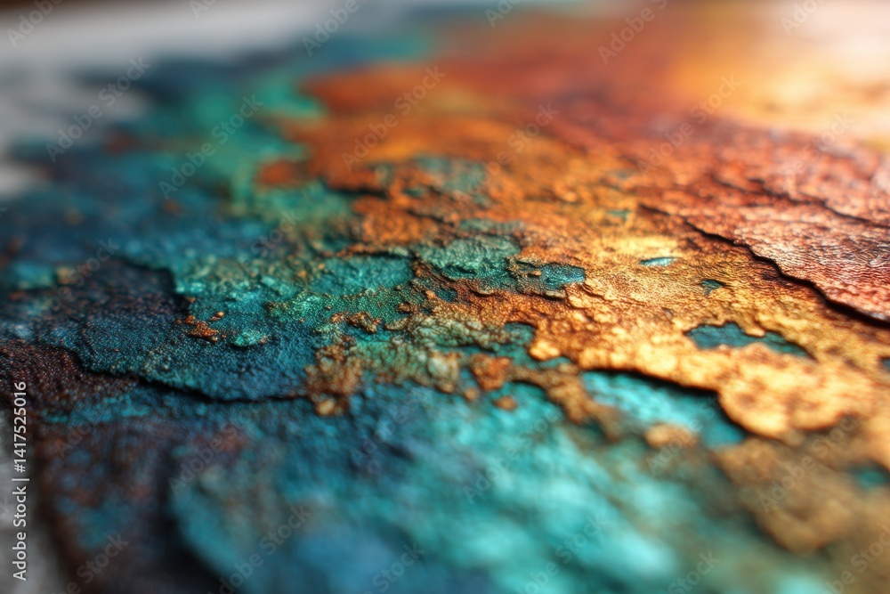 Poster abstract copper patina texture, with turquoise and orange tones, close-up details and shallow depth 