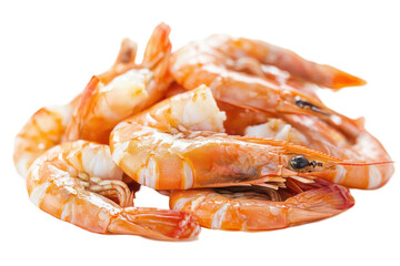 Pile of cooked shrimp isolated on PNG transparent background, cut out