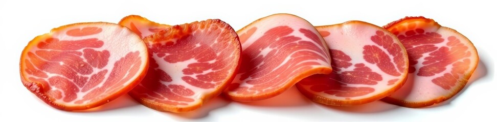 Juicy slices of smoked ham on a white background, top view, top view, ham