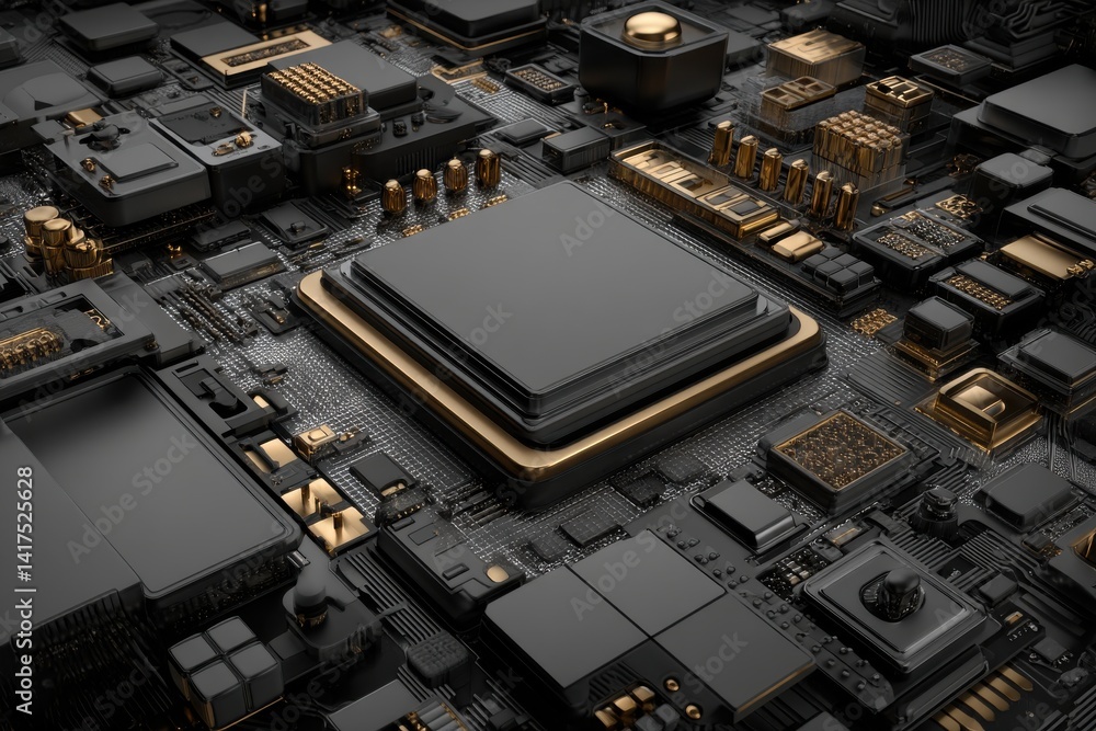 Poster a detailed close-up view of a modern computer motherboard with integrated circuits and golden compon