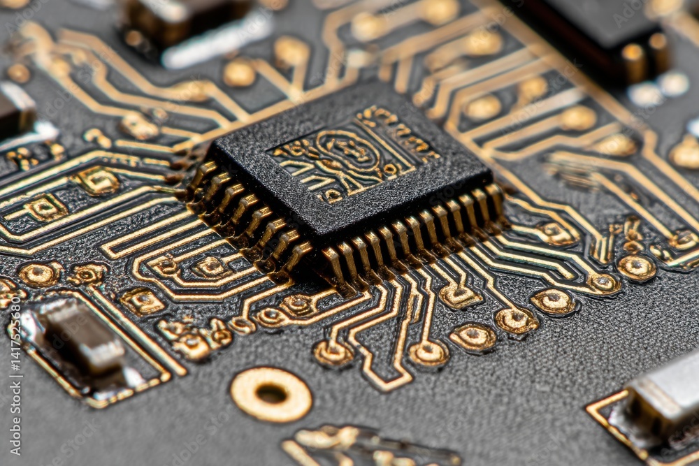 Poster close-up of a sophisticated computer chip on a circuit board, showcasing intricate gold patterns and