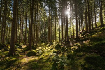 Fototapeta premium Sunlight filtering through forest trees