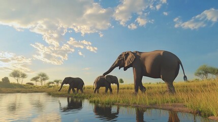An elephant family drinks water at the edge of a pond in the savannah