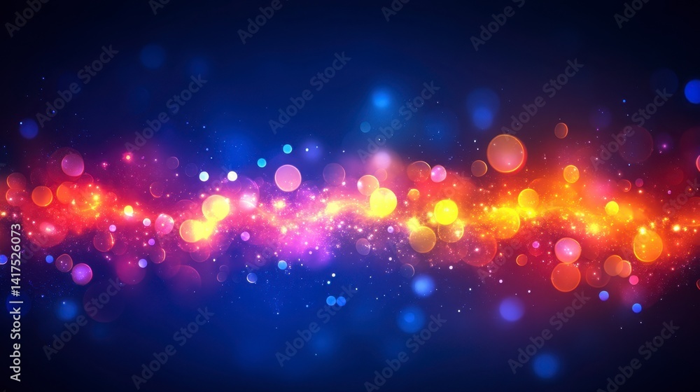 Poster abstract background with vibrant blue, orange, and red bokeh lights. dark background with glowing pa