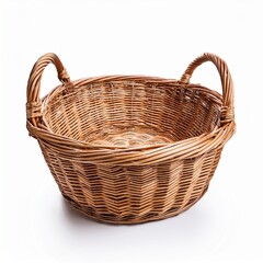 Fototapeta premium handwoven wicker basket with two looped handles isolated on white background