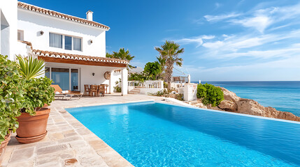 Serene coastal retreat whitewashed beach villa tropical paradise luxury architecture modern design panoramic ocean view tranquil escape