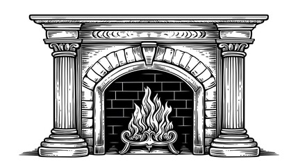 Fototapeta premium Detailed line art color sketch engraving of a cozy fire burning in the fireplace