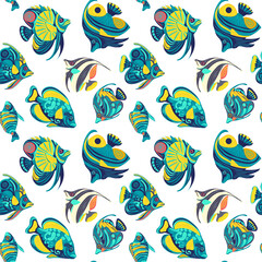 Seamless pattern with fish, sea ocean texture, aquarium, vector illustration, repeating marine background
