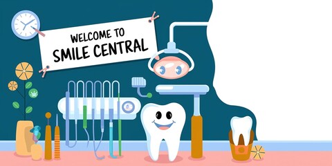 "Welcome to Smile Central", happy tooth, cartoon design, copy space, dental care, business banner concept