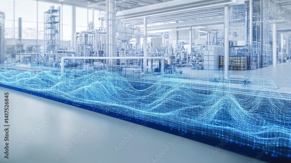 Poster abstract digital data visualization flowing through a modern industrial factory setting. blue and wh