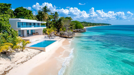 Fototapeta premium Luxurious beachfront vacation house with rooftop pool tropical paradise photo sunny atmosphere aerial view relaxation concept