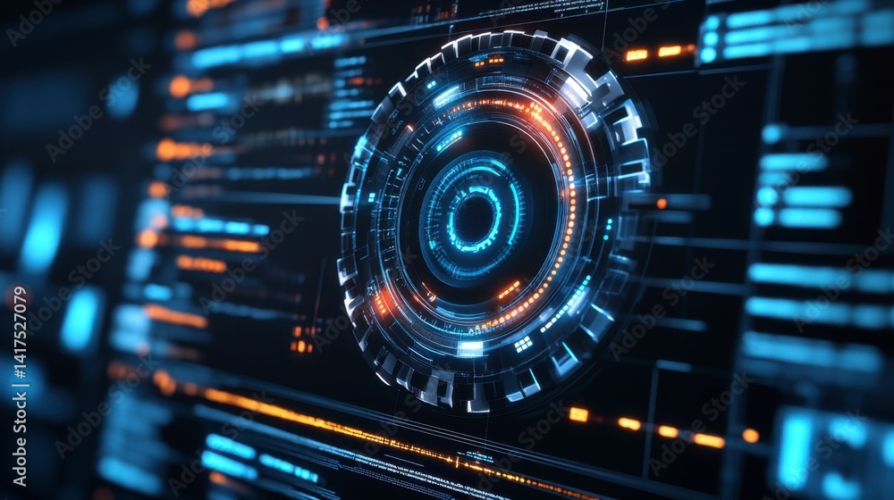 Poster abstract digital interface with glowing circular element and blue and orange hues. futuristic techno