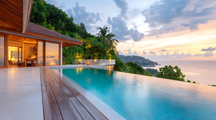 Romantic sunset over tropical beach house with infinity pool scenic view serene atmosphere relaxing environment coastal escape