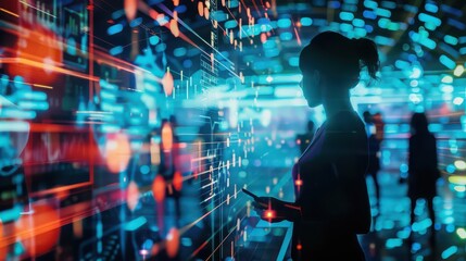 Silhouette of a woman interacting with a digital interface with abstract data visualization elements