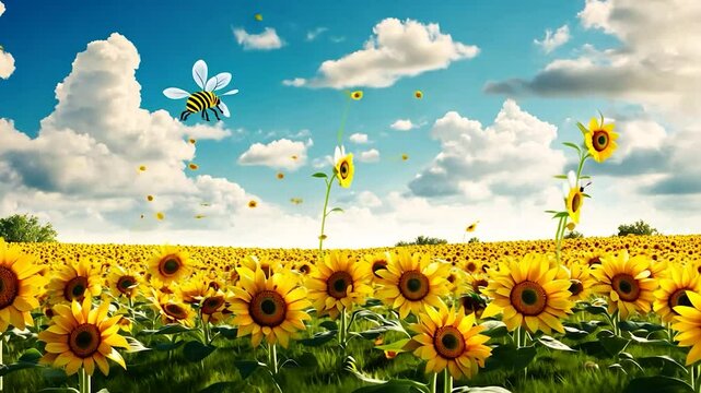 Sunny Sunflower Field with Flying Bee