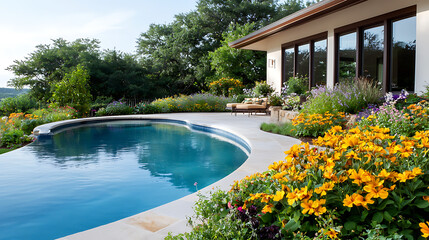 Fototapeta premium Serene relaxation at a peaceful retreat house with curved pool surrounded by vibrant flowers scenic landscape outdoor leisure