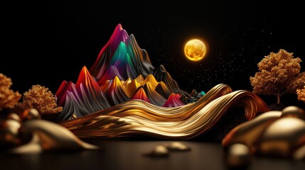 Colorful Abstract Mountain Landscape with Golden Ripples under a Full Moon