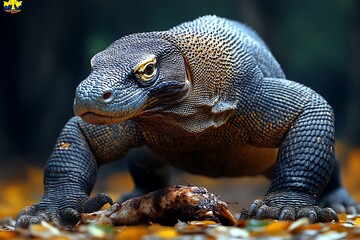 Obraz premium Komodo Dragon Eating Prey in Natural Habitat Lizard Predator Image