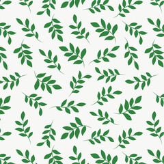 This illustration features a stylish and modern pattern with green leaves on a light background. Leaves of different shapes and sizes are arranged in a chaotic manner, creating a feeling of natural