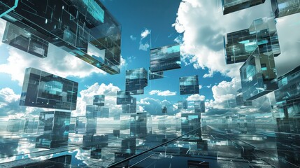 Floating transparent cubes with internal circuitry against a cloudy blue sky background view