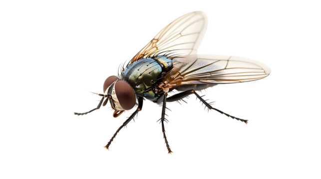 Detailed Housefly with Segmented Body and Intricate Wings Isolated on White Background