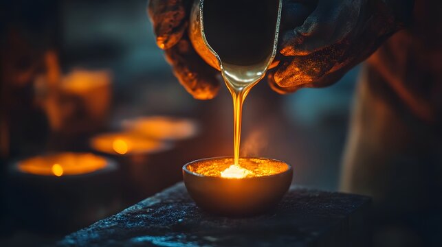 Molten metal being poured into a bowl, glowing with heat. Gloves protect the hands of the worker. Intense heat is evident by the steam.